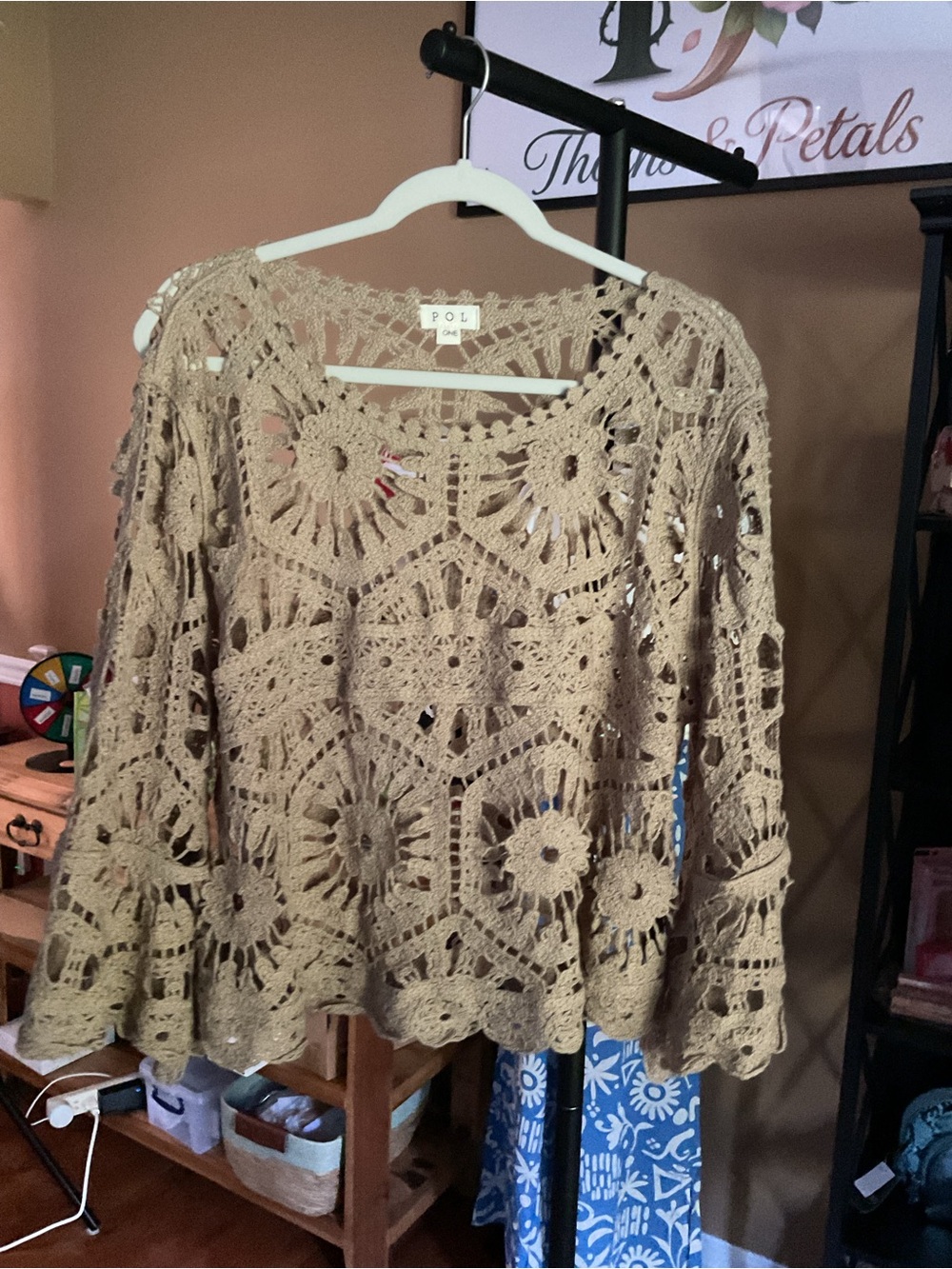 POL Crochet Openwork Boho Top in Tan